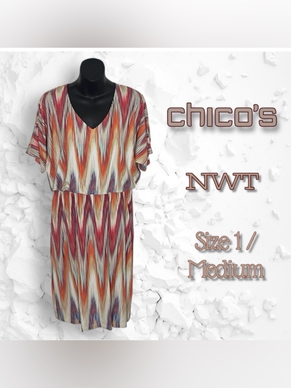 Chico’s NWT Ikat Print Multicolor Short Sleeve Dress Size Medium(Chico’s Size 1)